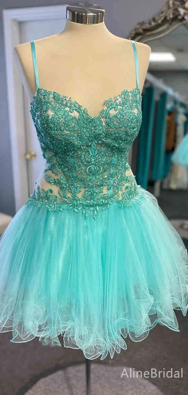 Sheer Lace Applique Spaghetti Strap Tulle A-Line Mini Homecoming Dress 2