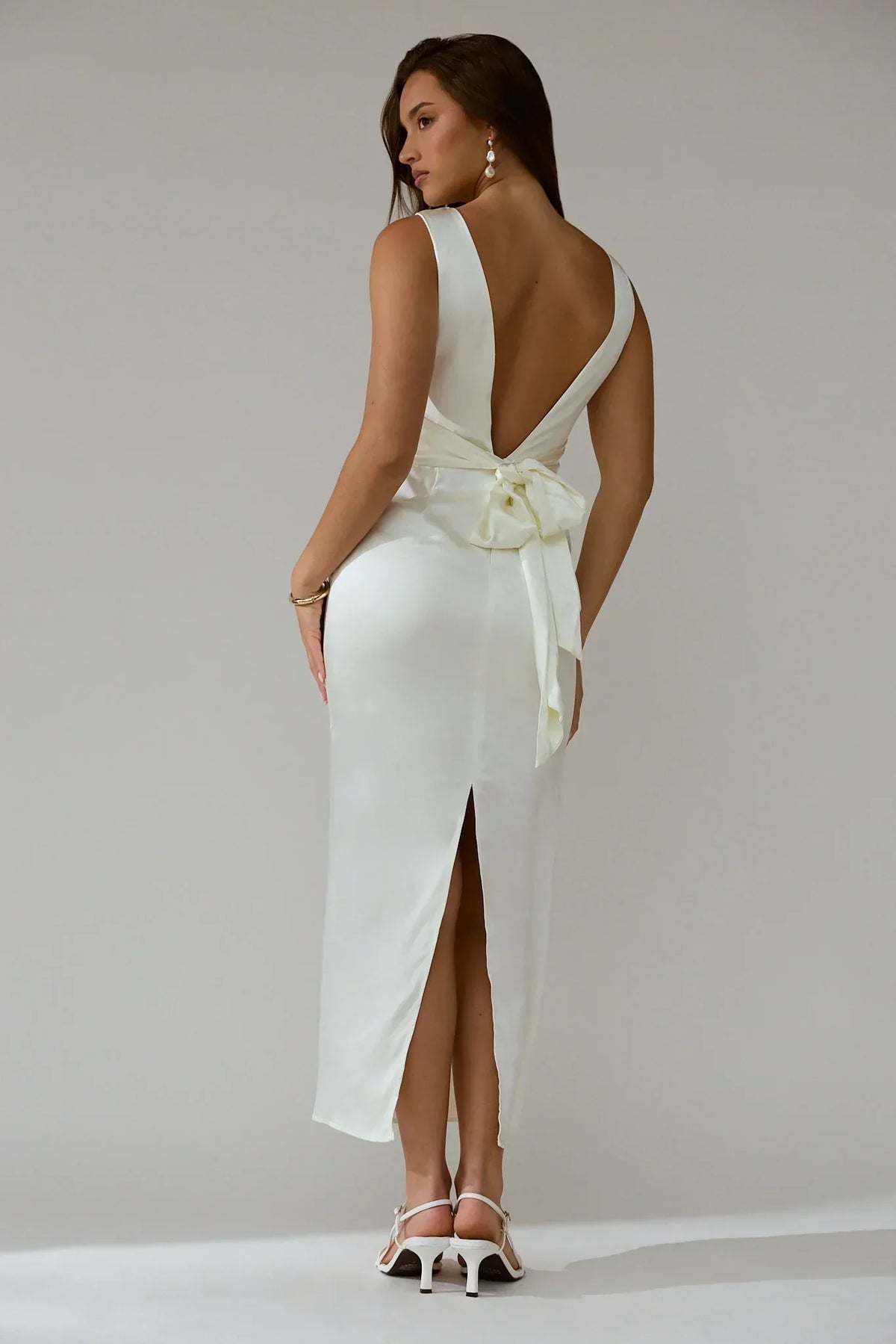 Satin Boat Neck Sleeveless Ruched Waist Column Midi Dress 3