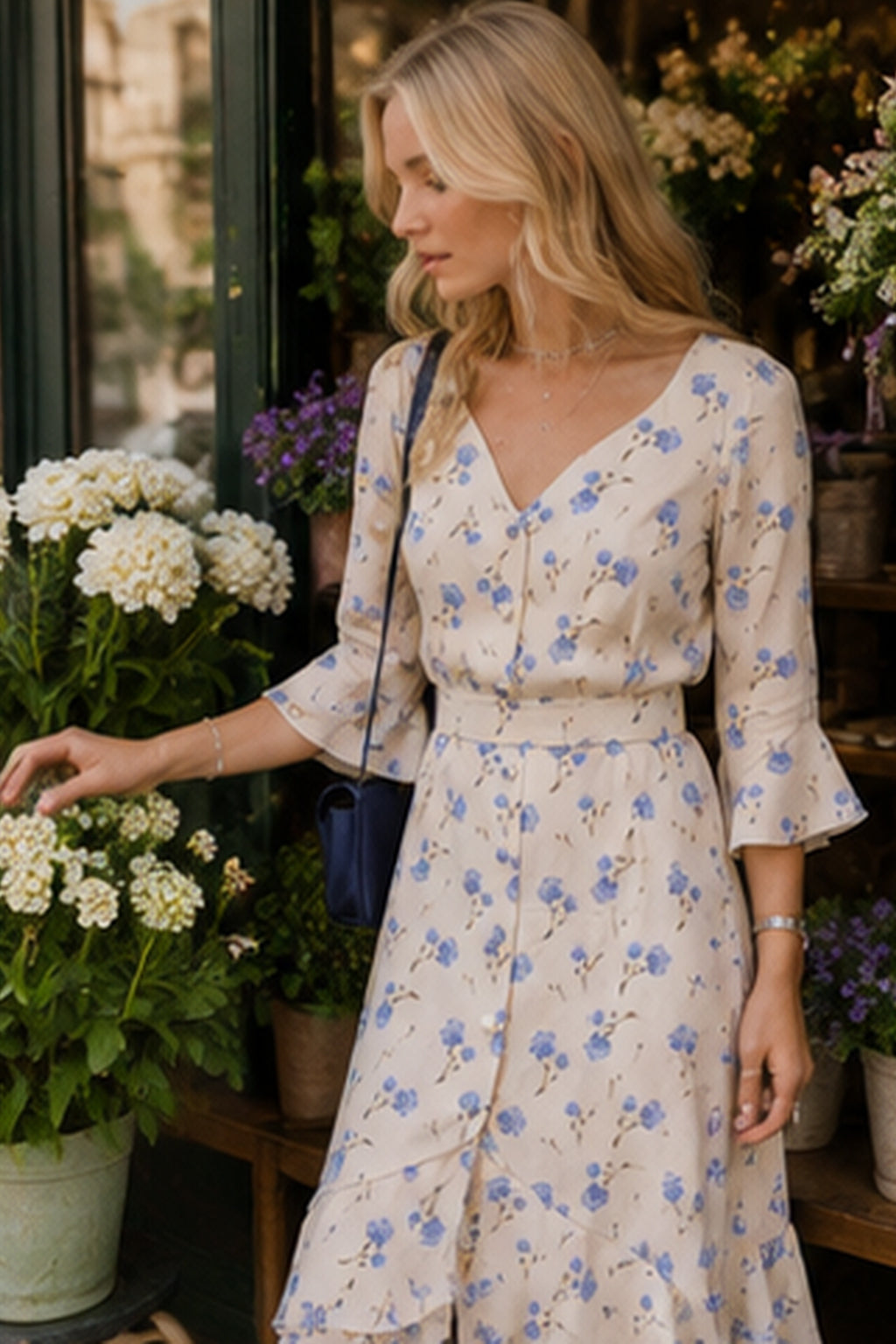 Flared Sleeve Floral Dress