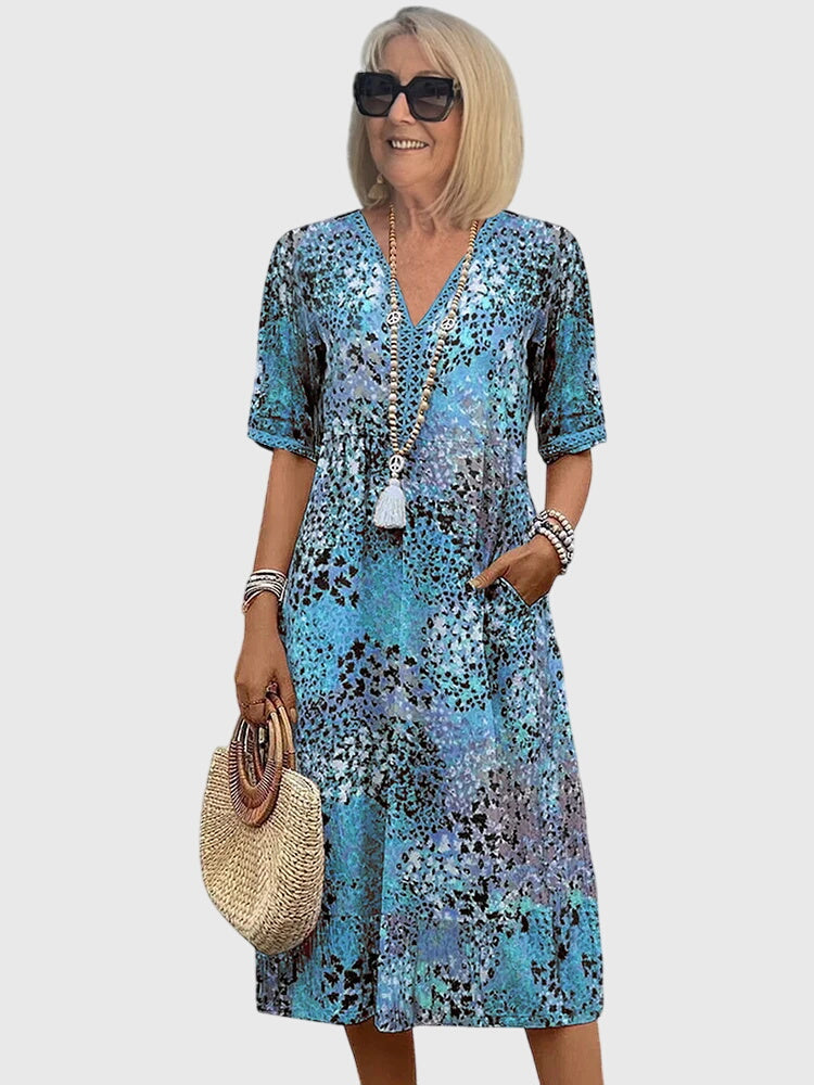 Abstract Print V-Neck Short Sleeve Midi Dress