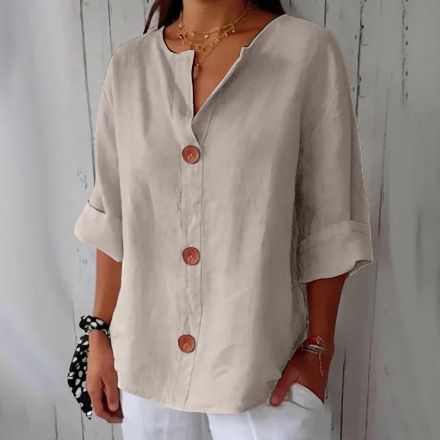 Button Front Notch Neck Half Sleeve Linen Blouse