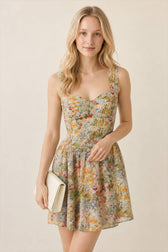 Green V-Neck A-Line Floral Dress
