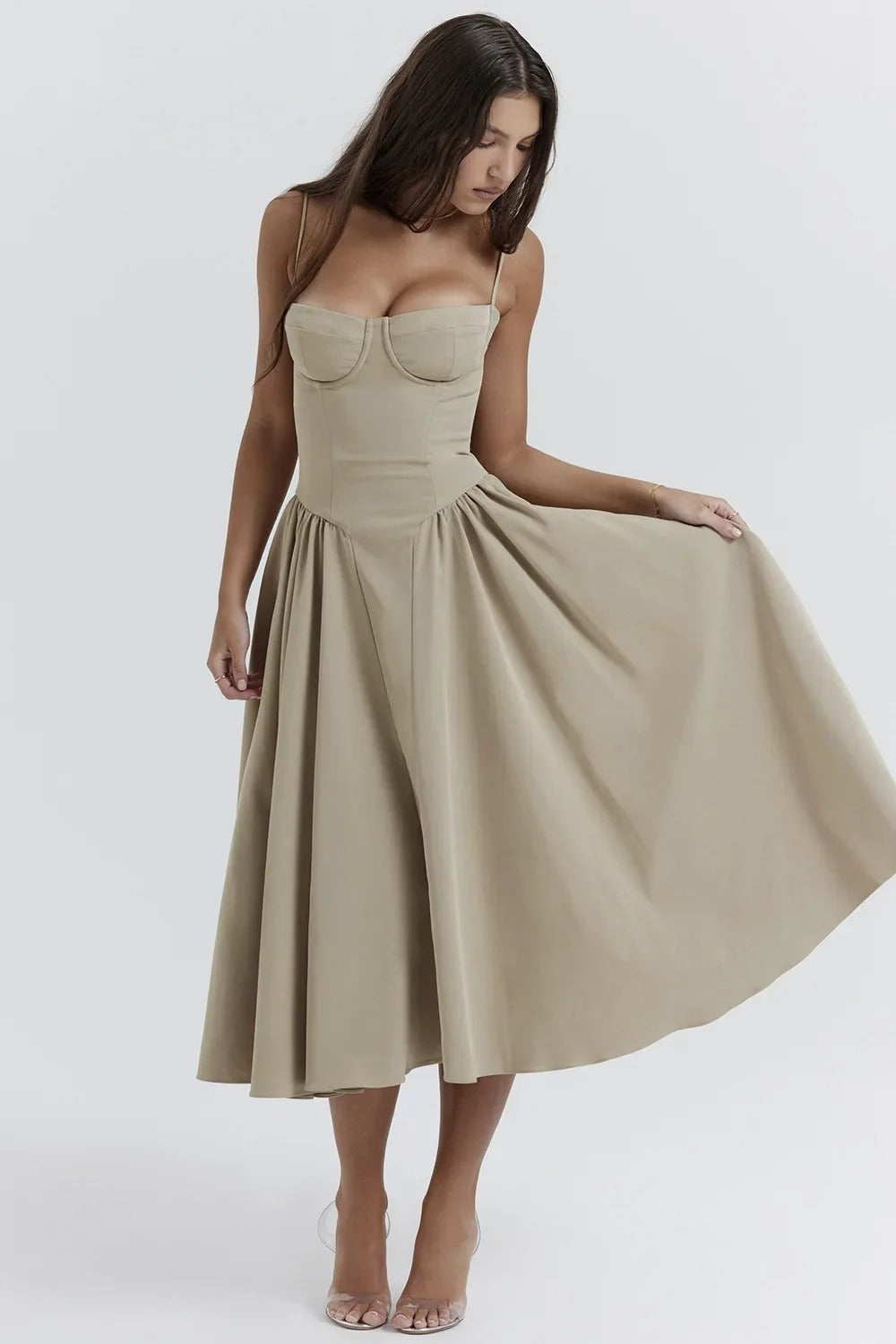 Milagros Premium Open-Shoulder Midi Dress with a Corset Fit Elevated Occasion Wear
