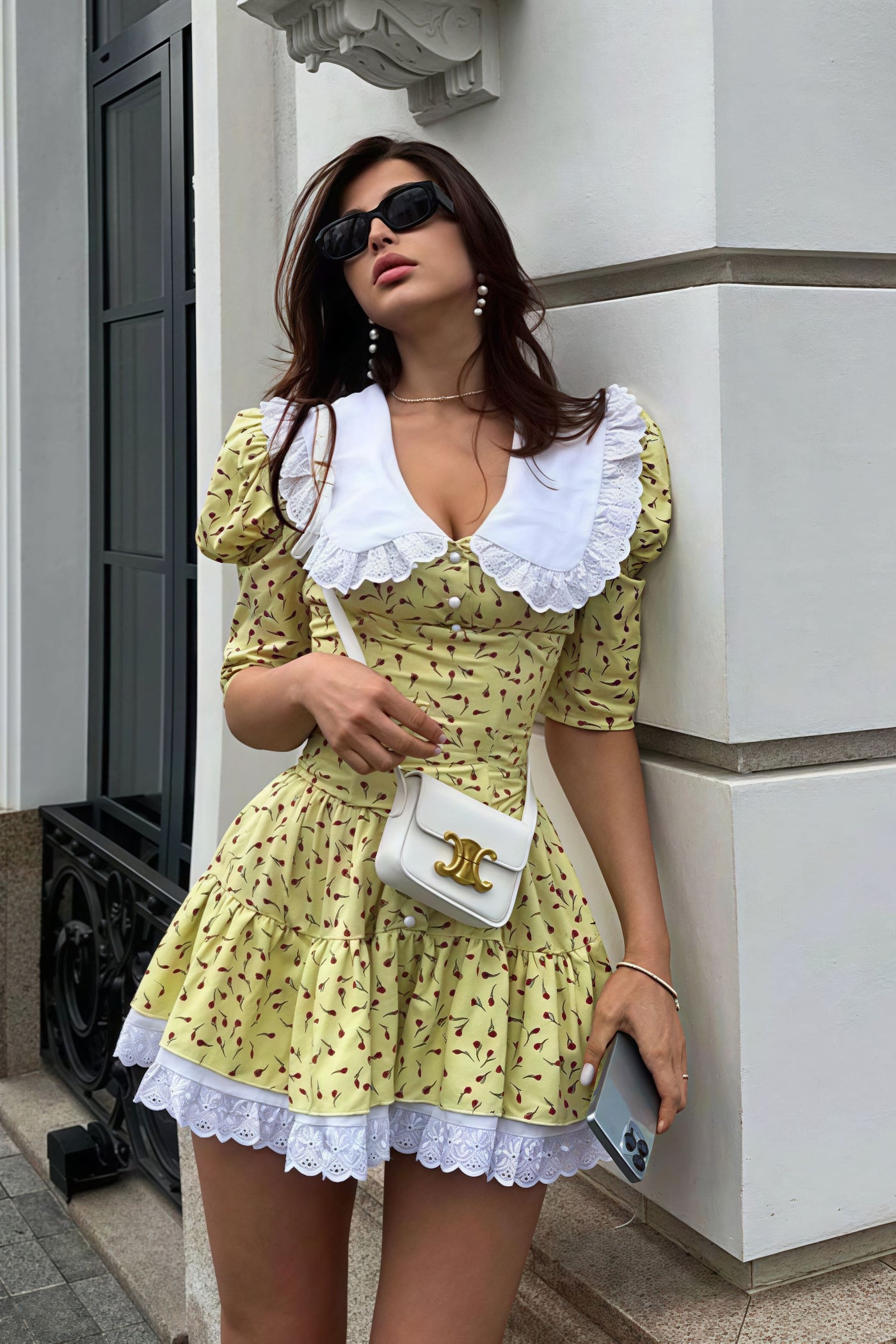 Floral Peter Pan Collar Short Sleeve Tiered Lace Trim Mini Dress