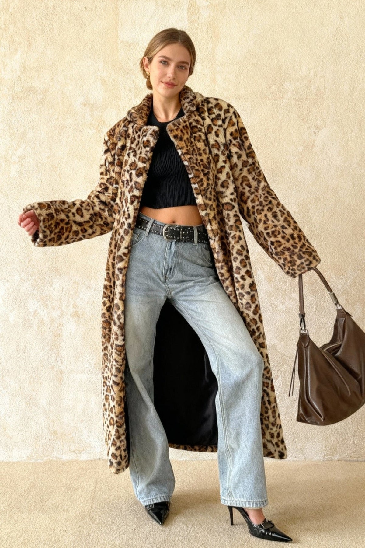 Leopard Print Faux Fur Collared Open Front Longline Coat