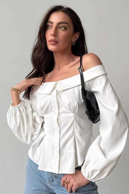 Off Shoulder Ruffled Satin Blouse
