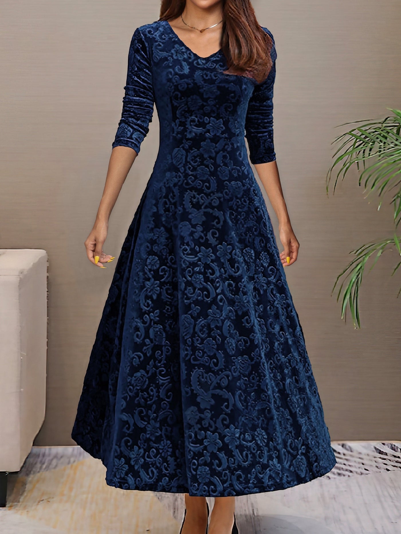 Floral Velvet V-Neck Long Sleeve Fit and Flare Midi Dress 5