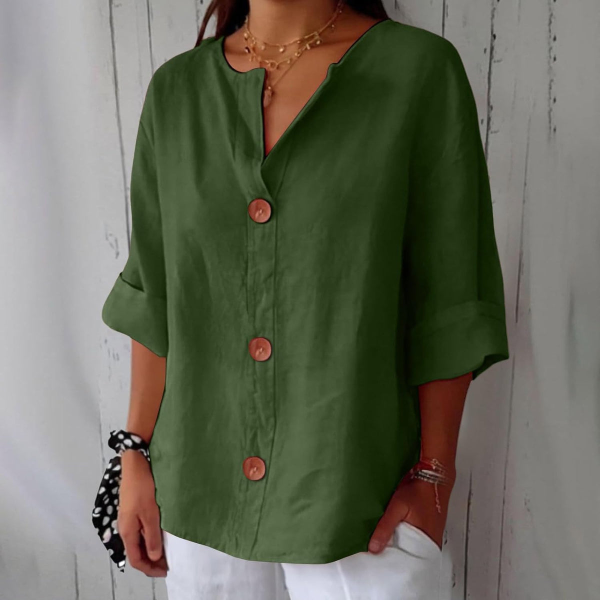 Split Neck Roll Sleeve Button Front Blouse