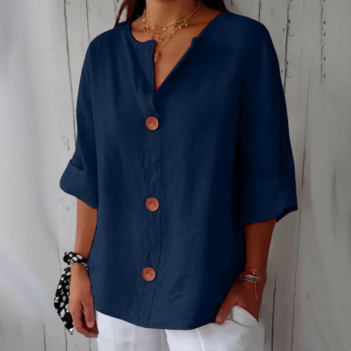 Split Neck Roll Sleeve Button Front Blouse