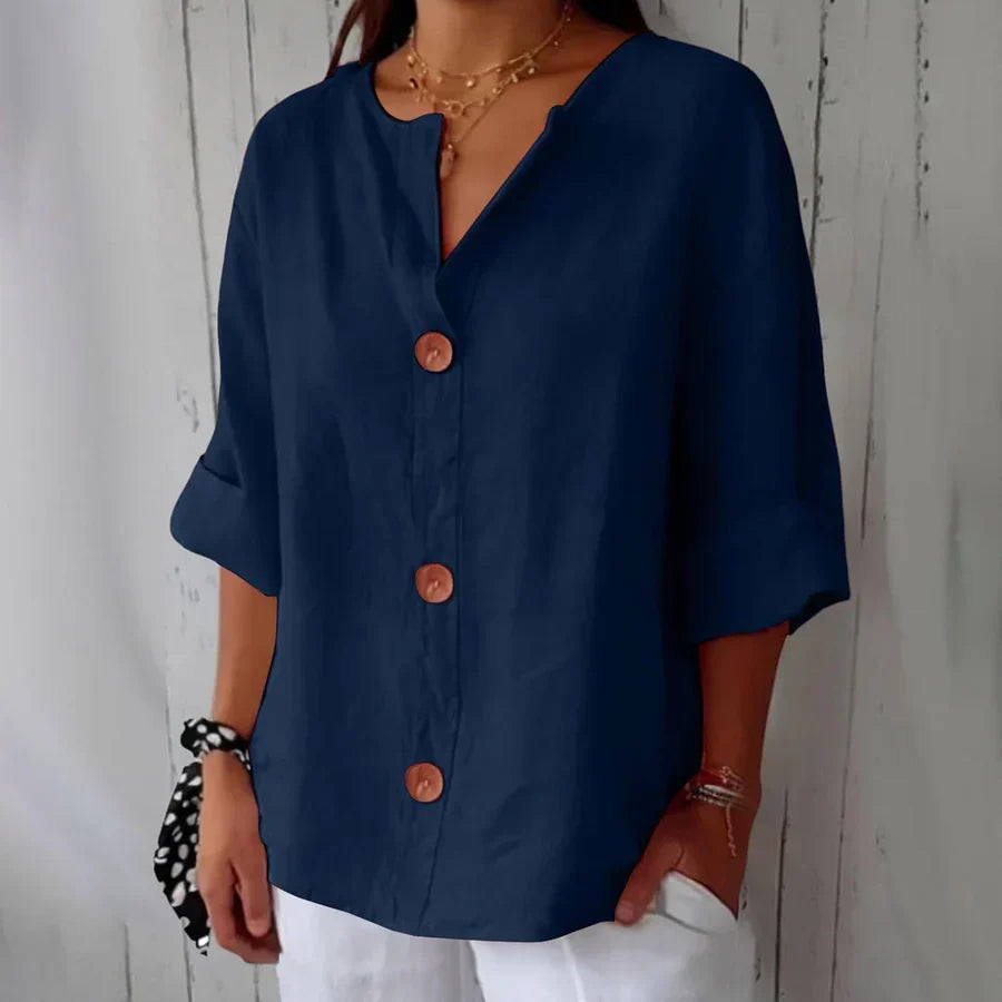 Button Front Notch Neck Half Sleeve Linen Blouse