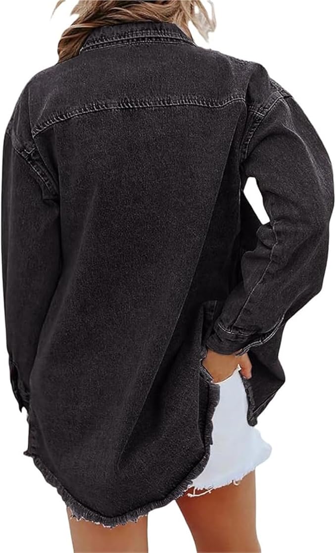 Frayed Hem Button Front Denim Shirt Jacket