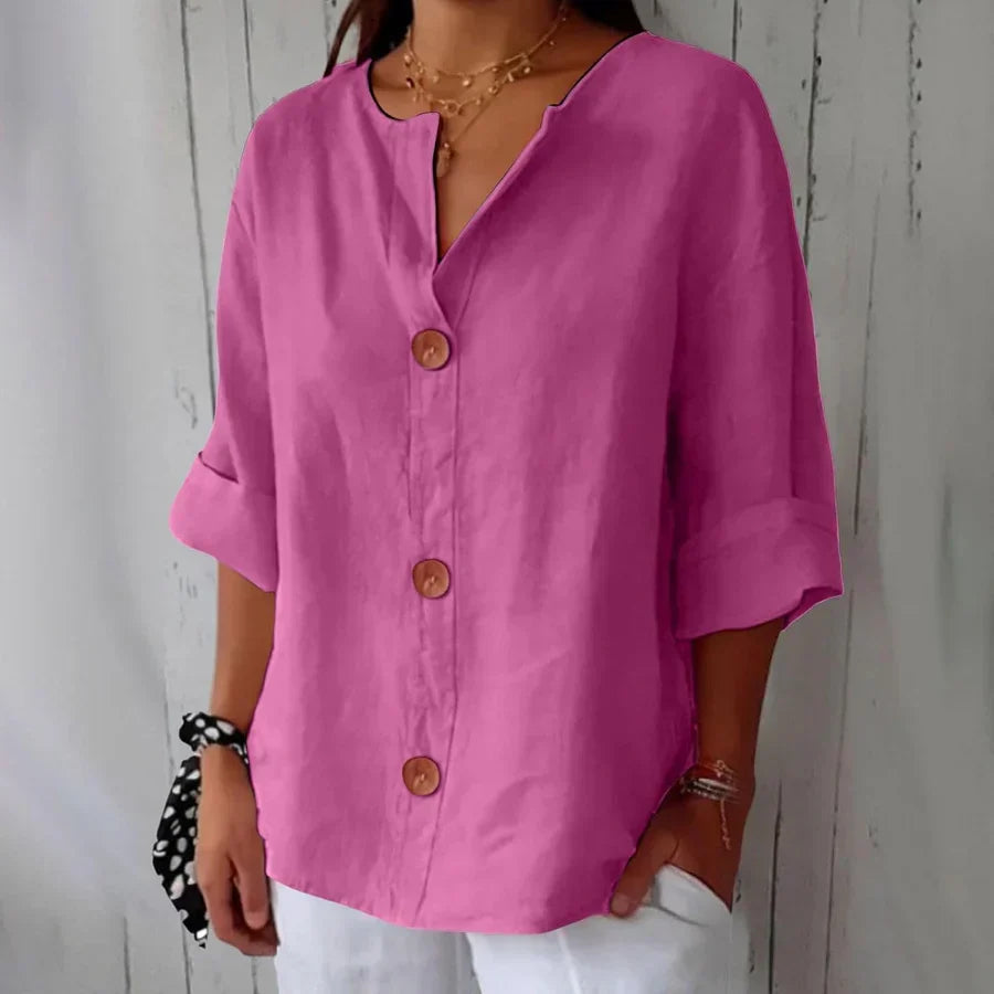 Button Front Notch Neck Half Sleeve Linen Blouse