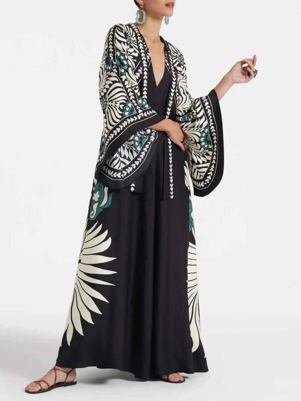 Elegance Floral Print Waterfall Sleeves Maxi Dress Blue
