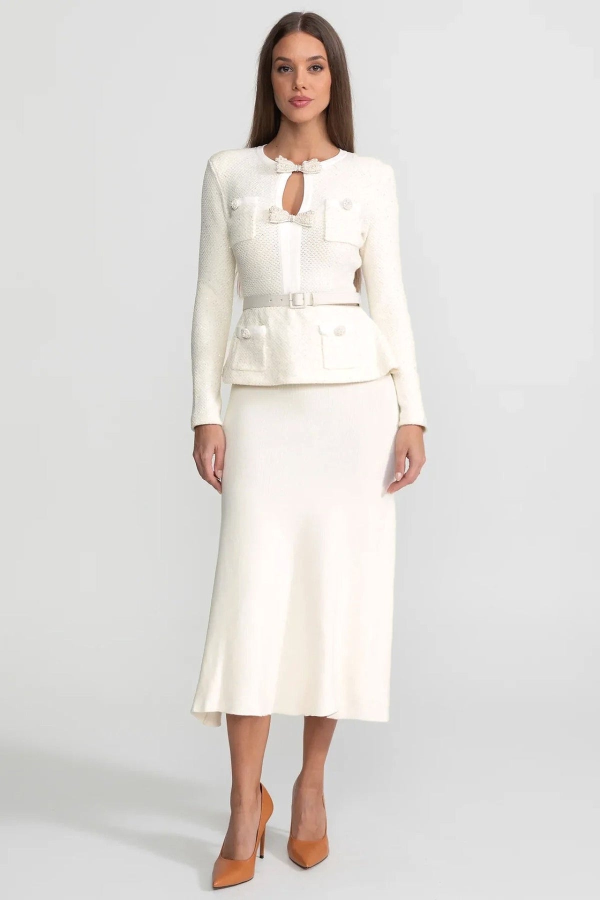 Bow Front Belted Peplum Knit Jacket and Midi Skirt Two Piece Set