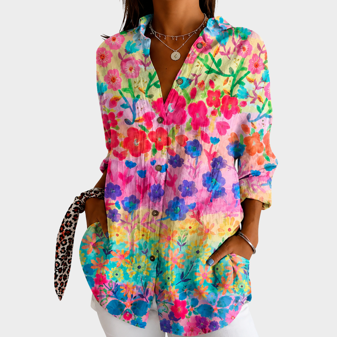 Floral Print Collared Long Sleeve Button Front Shirt