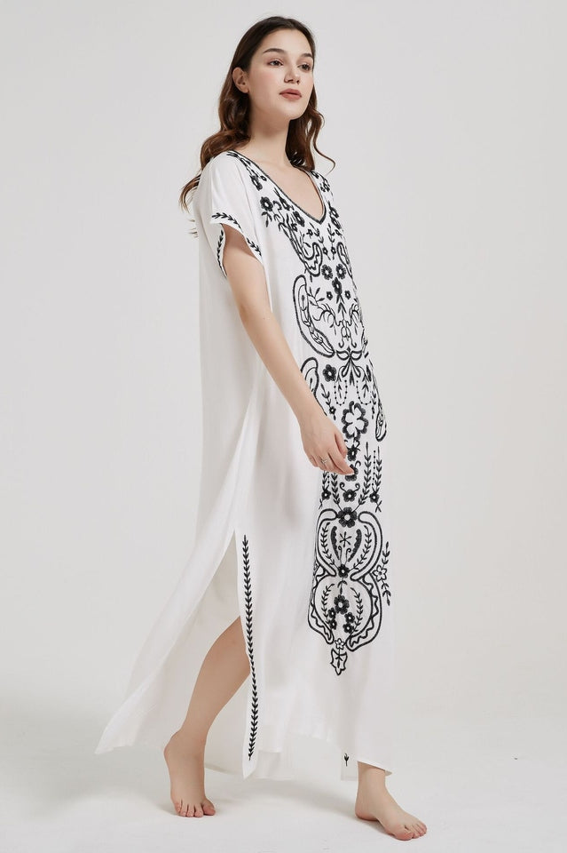 Embroidered V-Neck Short Sleeve Kaftan Maxi Dress 38