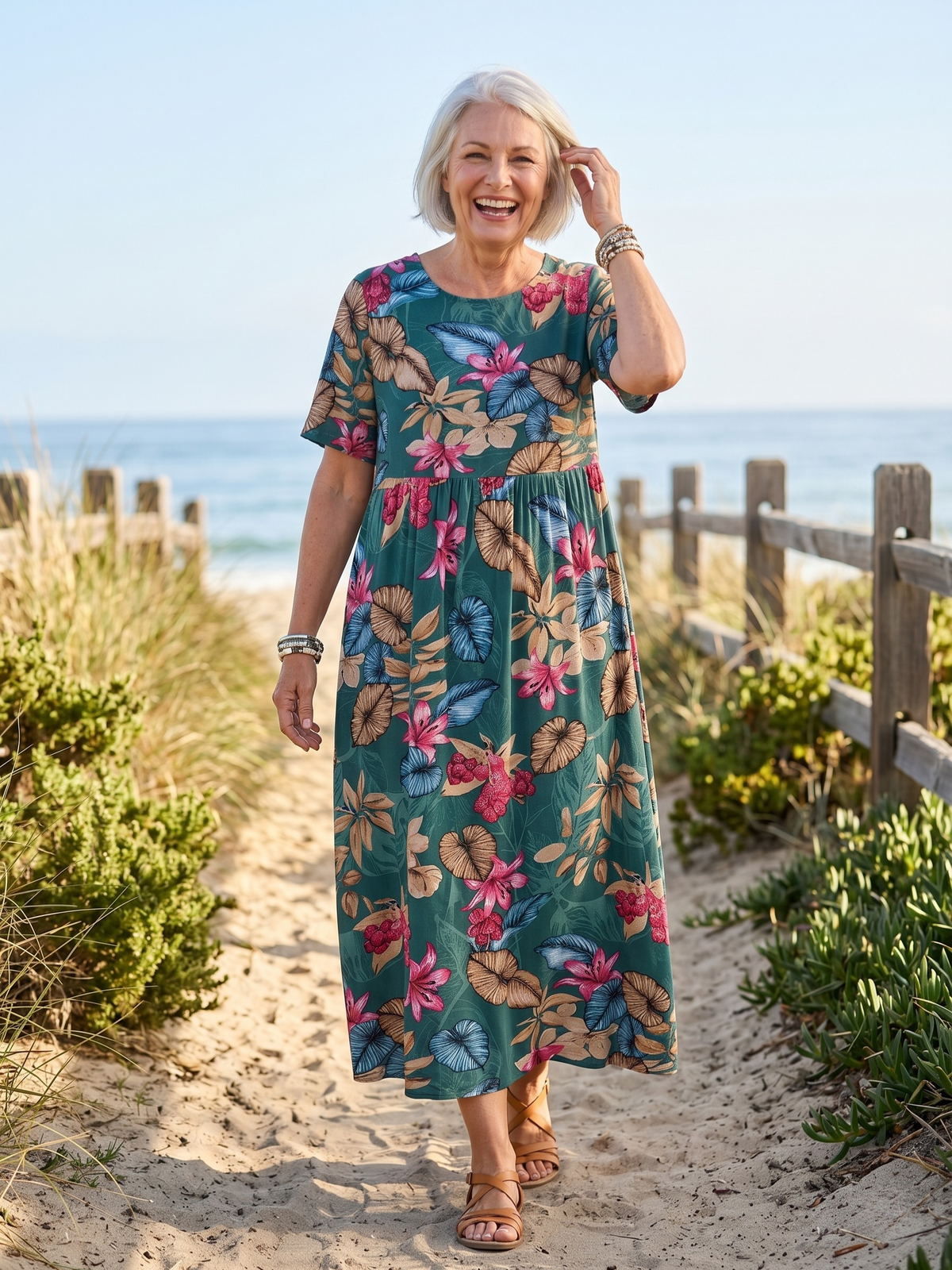 Tropical Floral Scoop Neck Short Sleeve Pocket Midi Dress