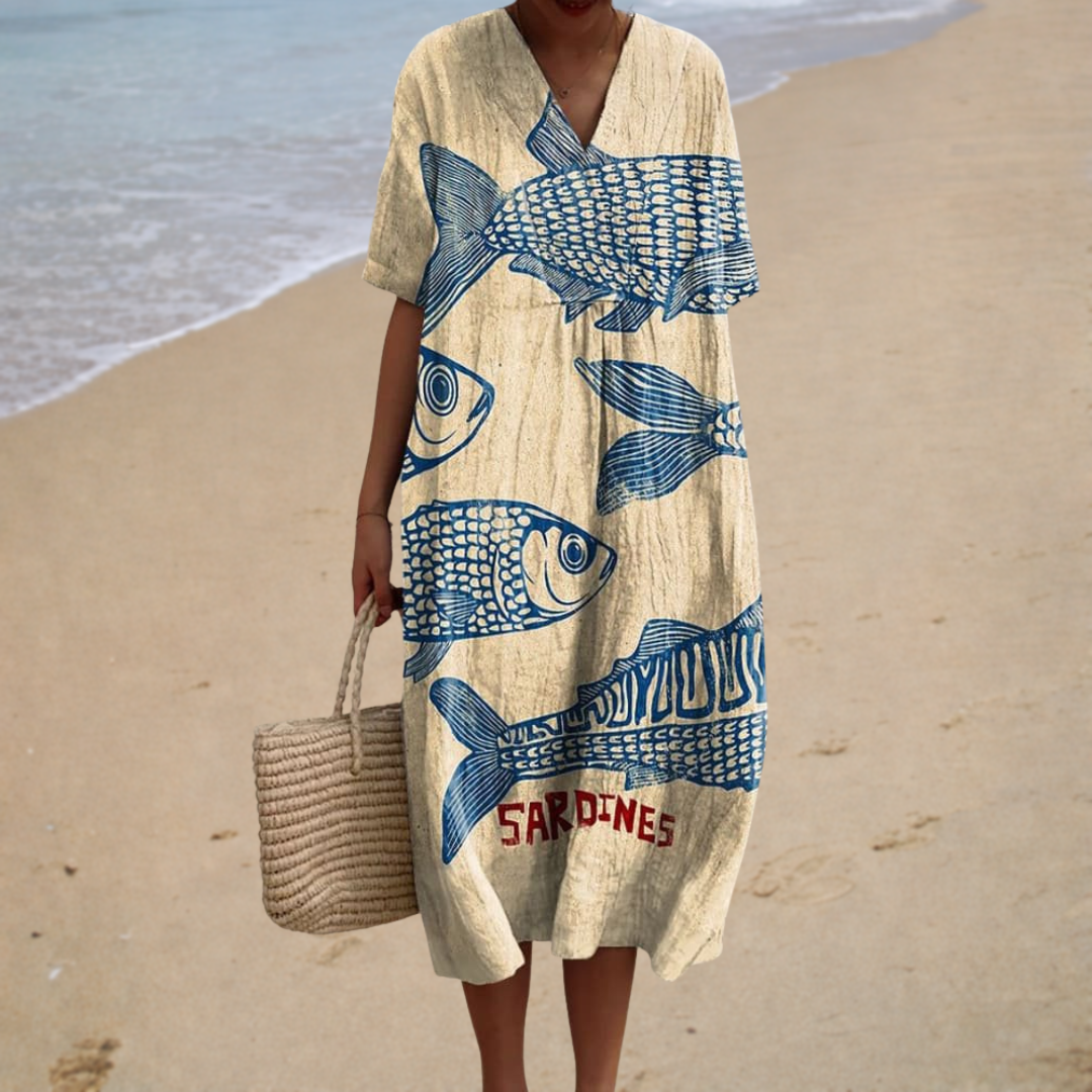 Fish Print V-Neck Short Sleeve Oversized Linen Look Maxi Beach Dress