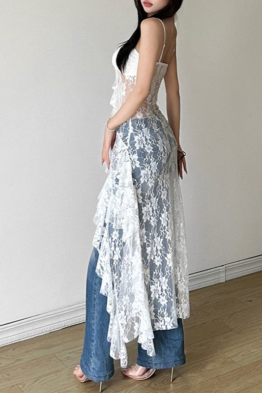 Sheer Floral Lace Spaghetti Strap Ruffle High Low Dress 5