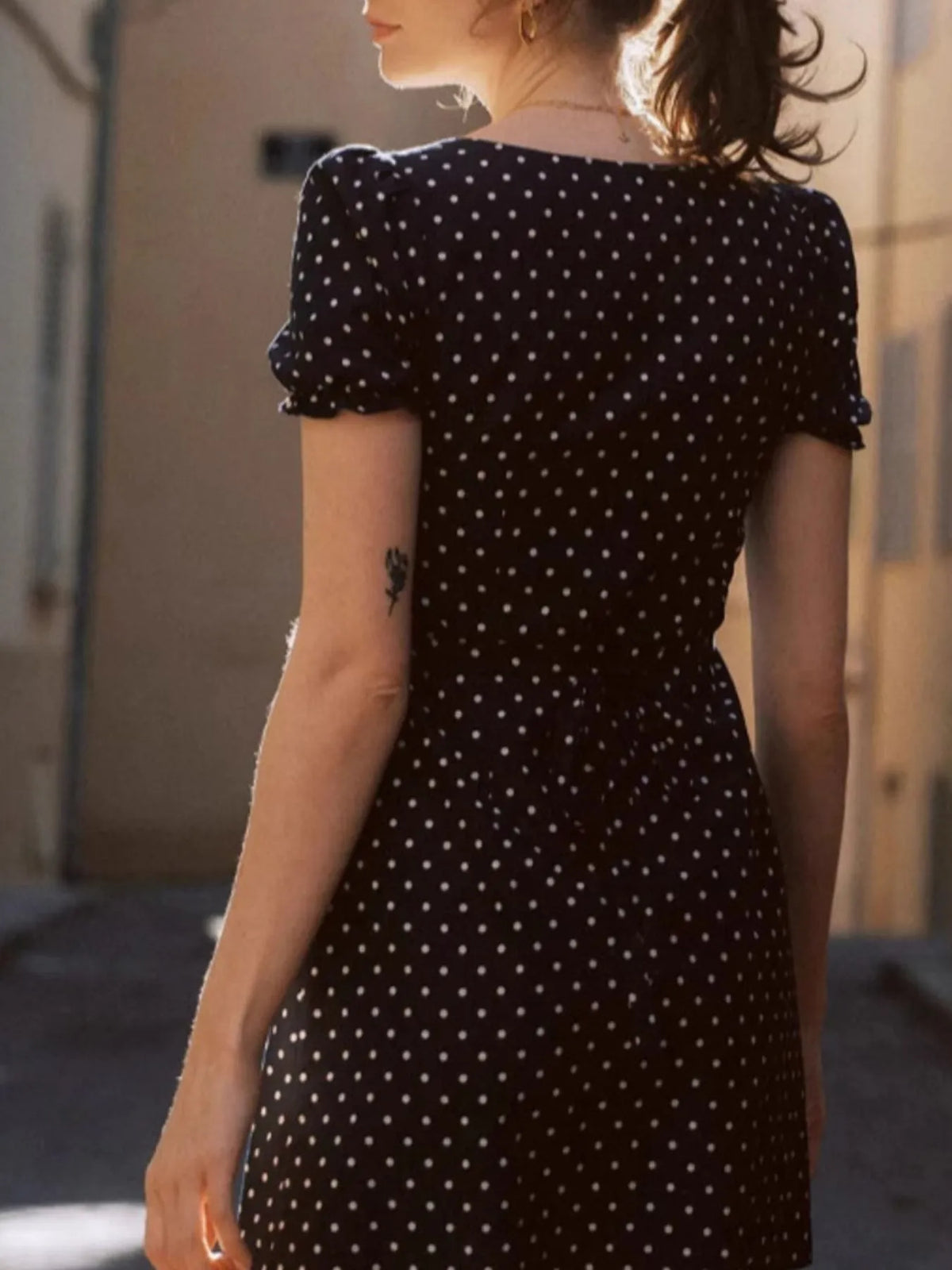 Polka Dot Lace Collar Puff Sleeve Button Front Mini Dress 2