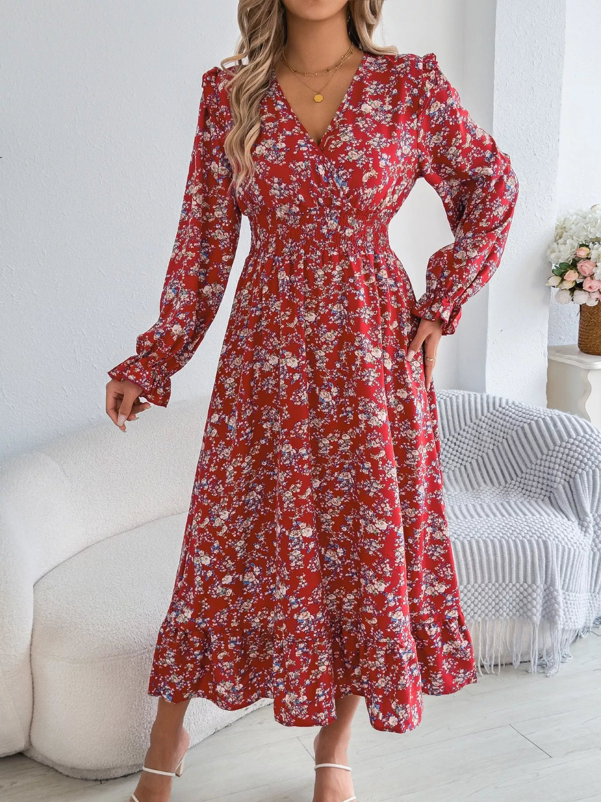 Floral Print Surplice V-Neck Ruffle Shoulder Smocked Waist Tiered Midi Dress 12