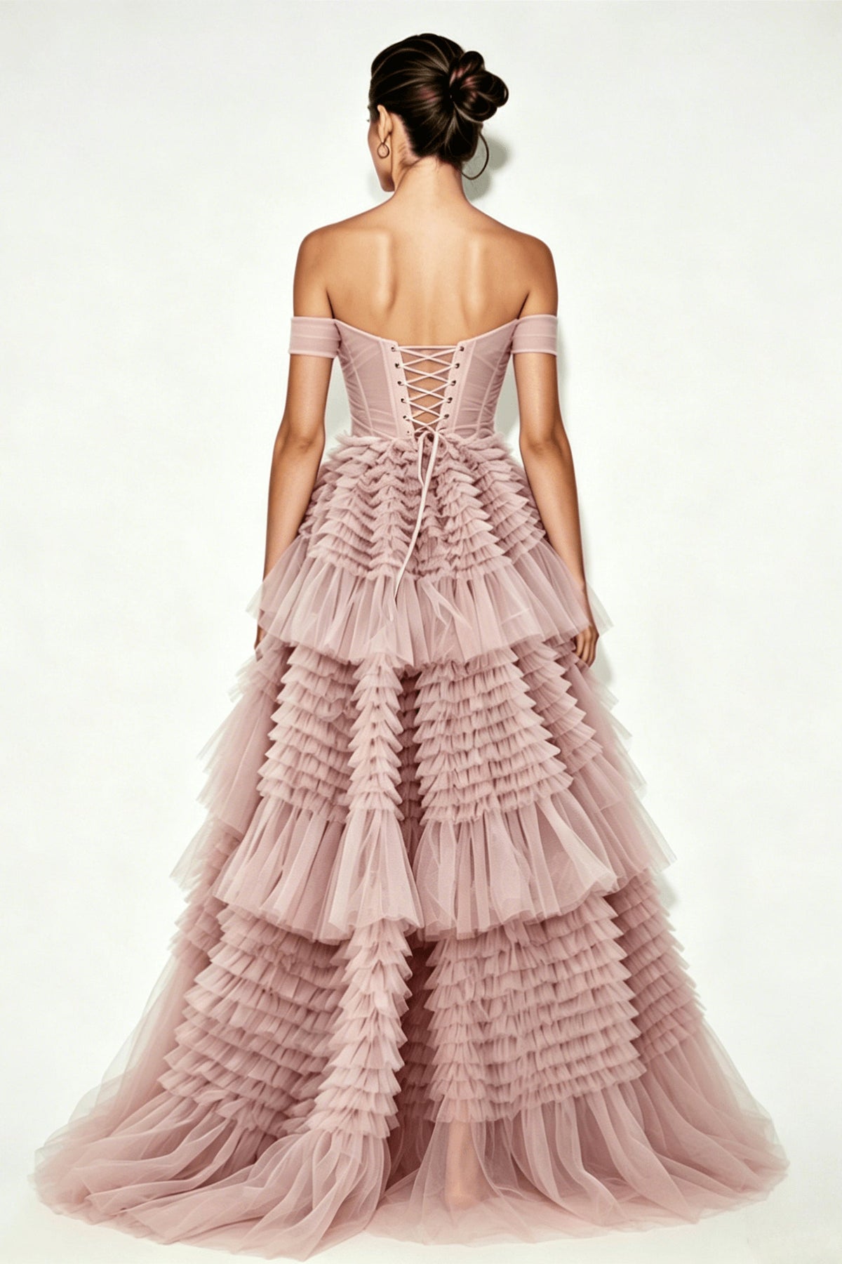 Off Shoulder Corset Tiered Ruffle Tulle High Low Prom Dress - View 2