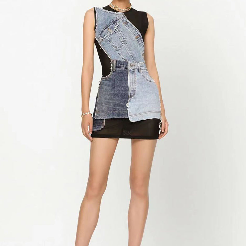 Patchwork Denim Overlay Sleeveless Sheer Mesh Bodycon Mini Dress 2