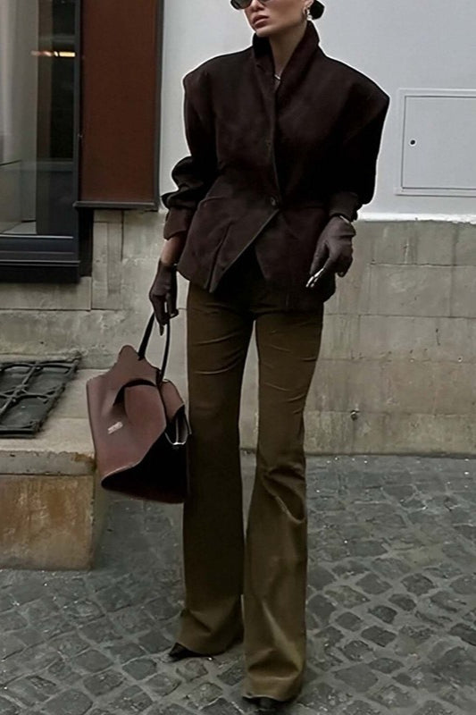 Suede-Look Padded Shoulder One Button Fitted Blazer 4