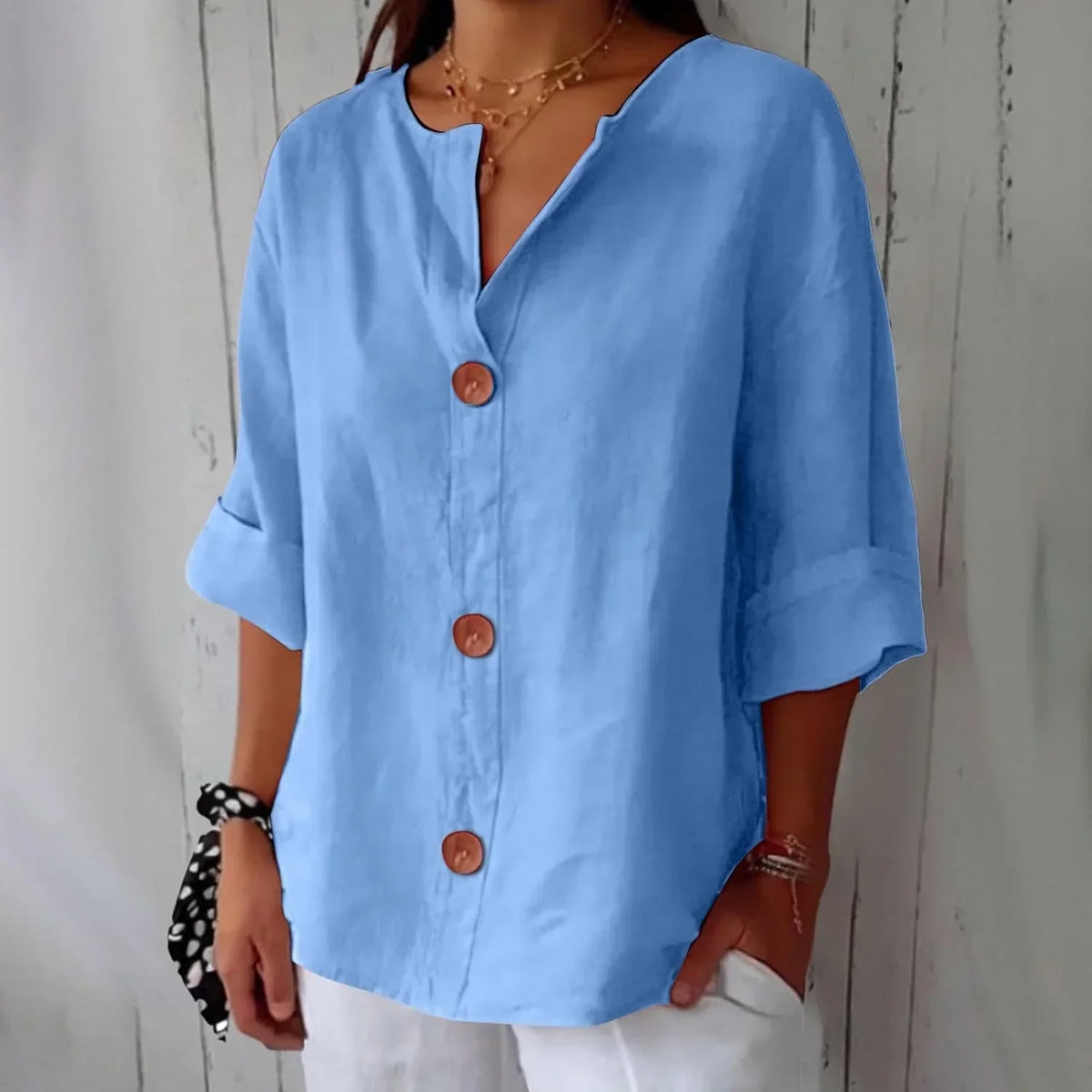 Button Front Notch Neck Half Sleeve Linen Blouse