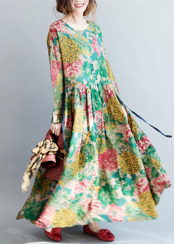 Tropical Print Long Sleeve Crew Neck Flowy Maxi Dress