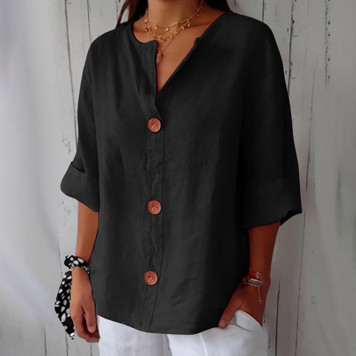 Split Neck Roll Sleeve Button Front Blouse