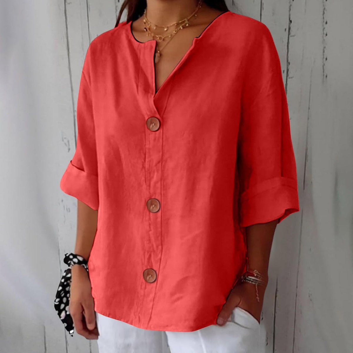 Split Neck Roll Sleeve Button Front Blouse