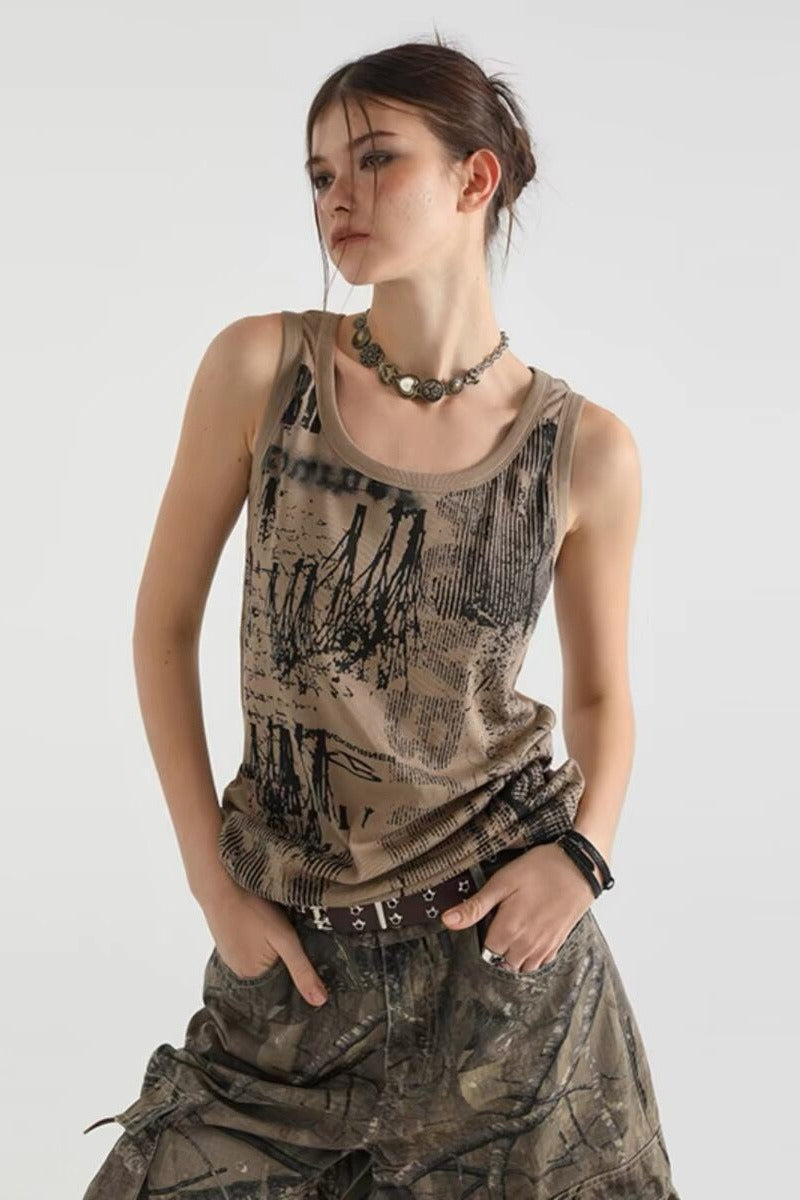 Scoop Neck Sleeveless Distressed Graphic Print Knit Tank Top