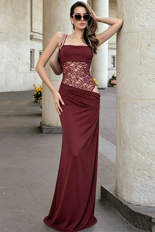 Lace Panel Cami Lace-Up Waist Cutout Lace Dress