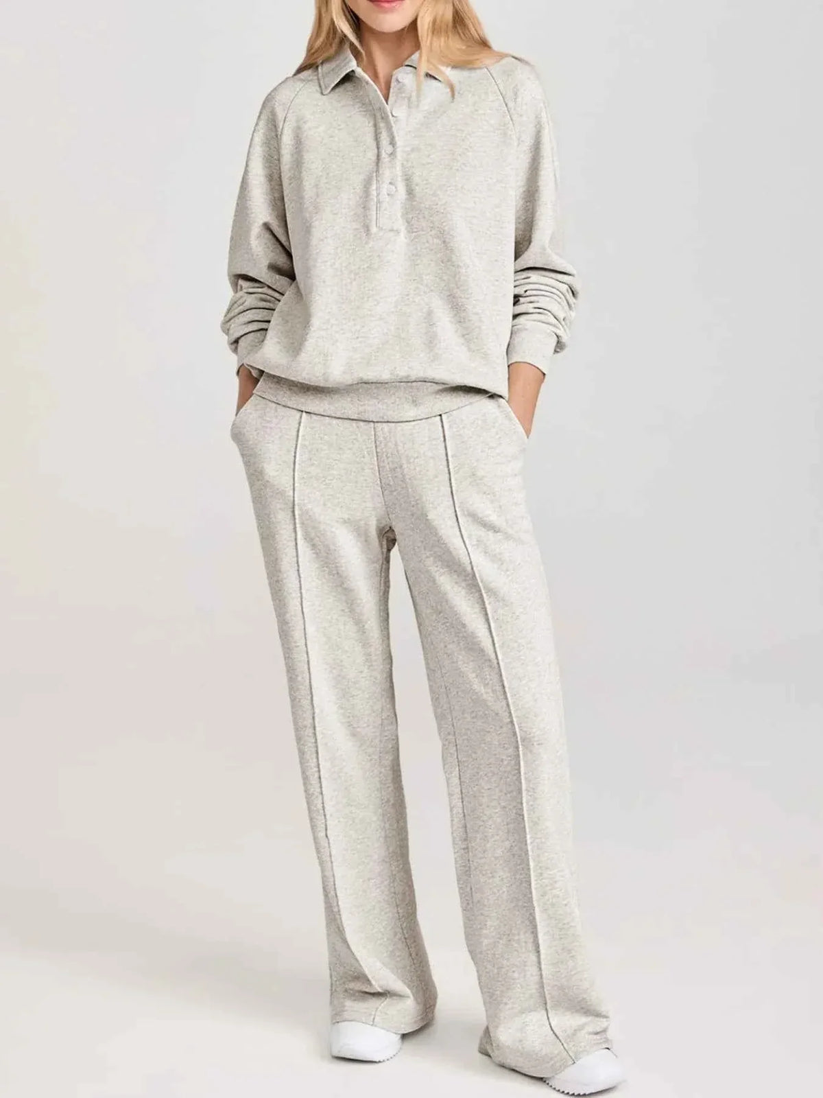Collared Button Placket Sweatshirt and Seam Front Wide Leg Pants Two Piece Set