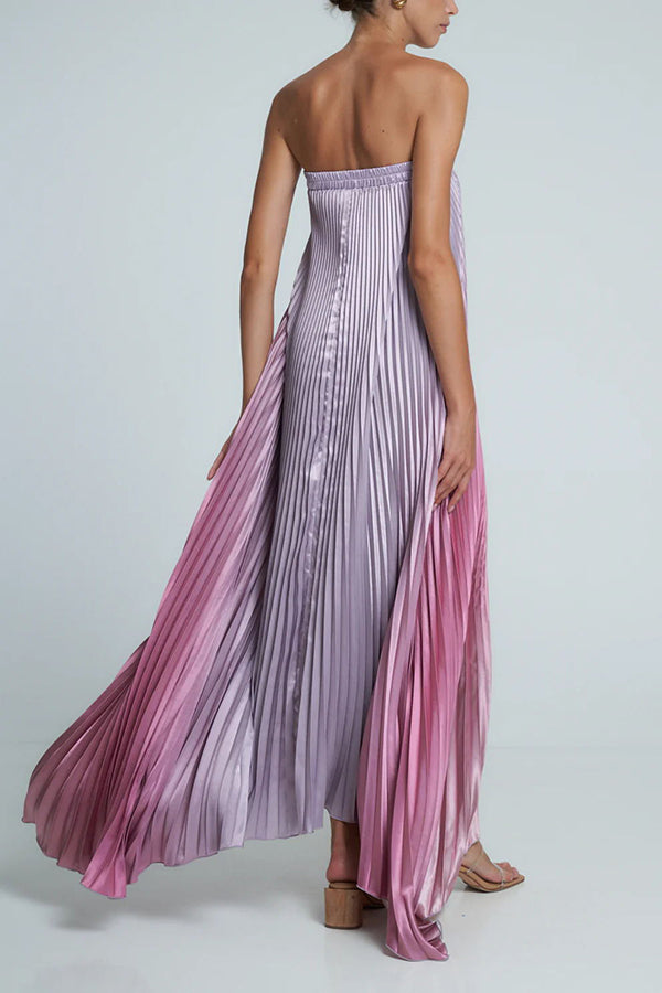 Strapless Ombre Satin Pleated Loose Fit Maxi Dress 10