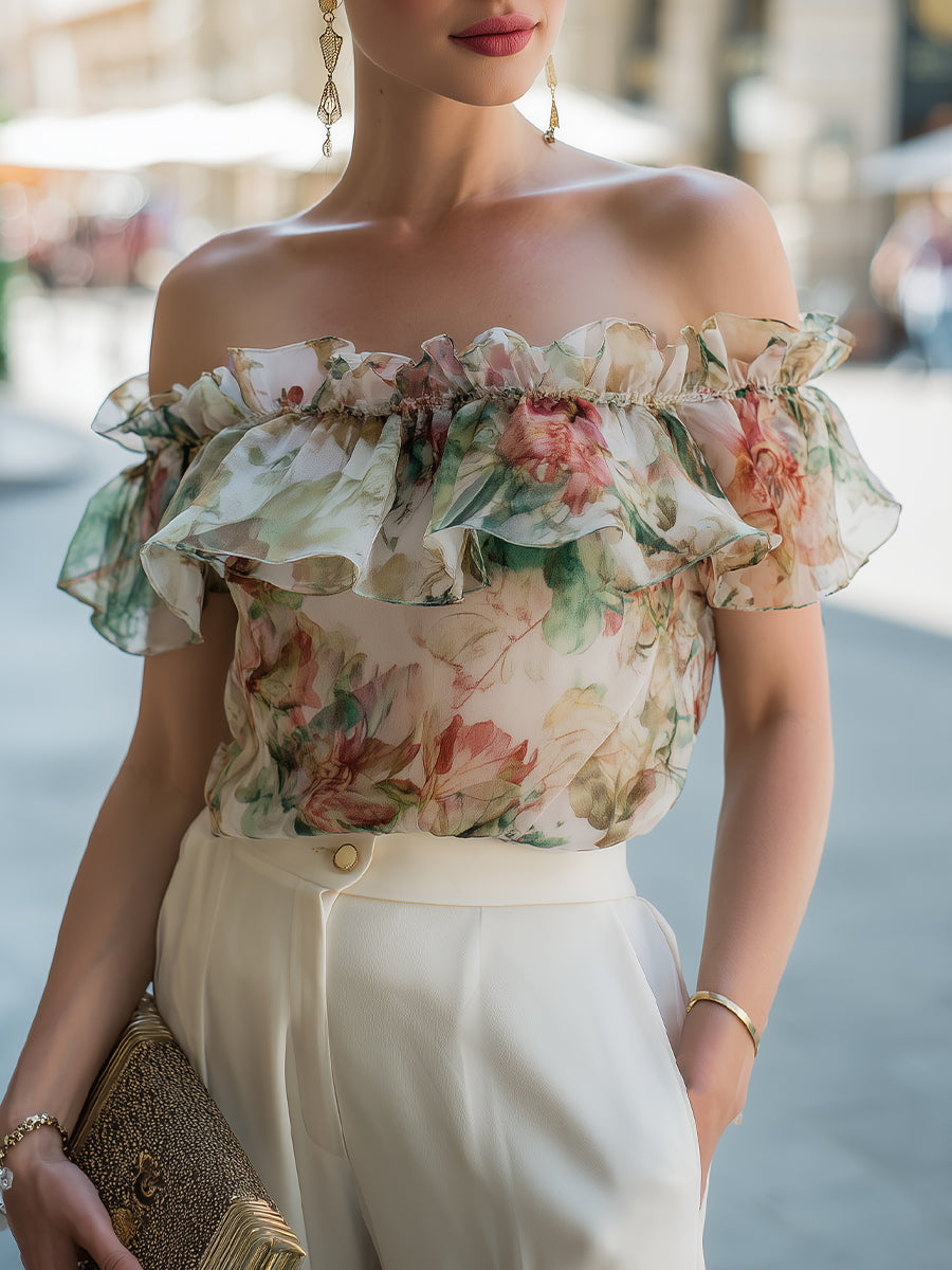 Floral Off Shoulder Ruffle Chiffon Top