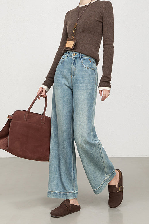 High Waist Faded Wash Wide Hem Straight Leg Denim Jeans 2