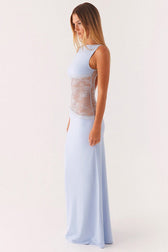 Sheer Lace Satin Panel Backless Fit Lace Dress