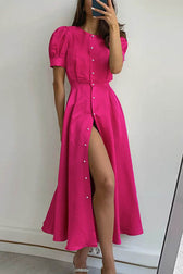 Chic and Classy Vibe Puff Sleeve Pearl Button Slit Midi Dress - View 3