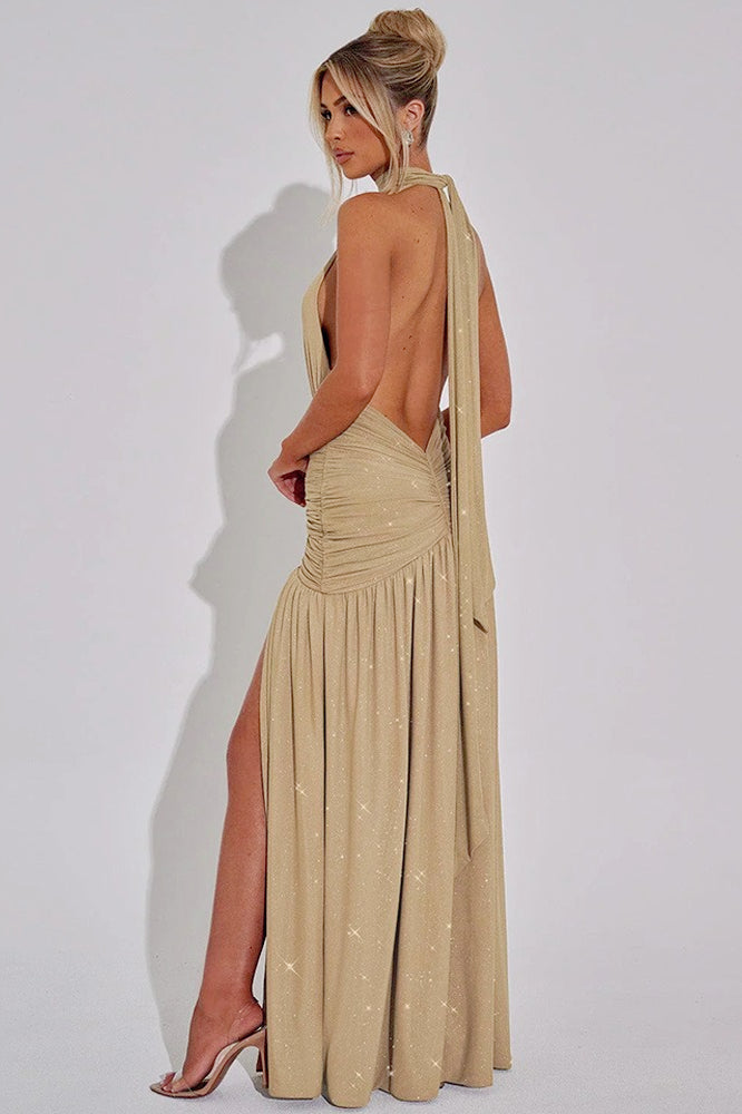 Glitter Halter Neck Plunge Ruched High Split Maxi Dress