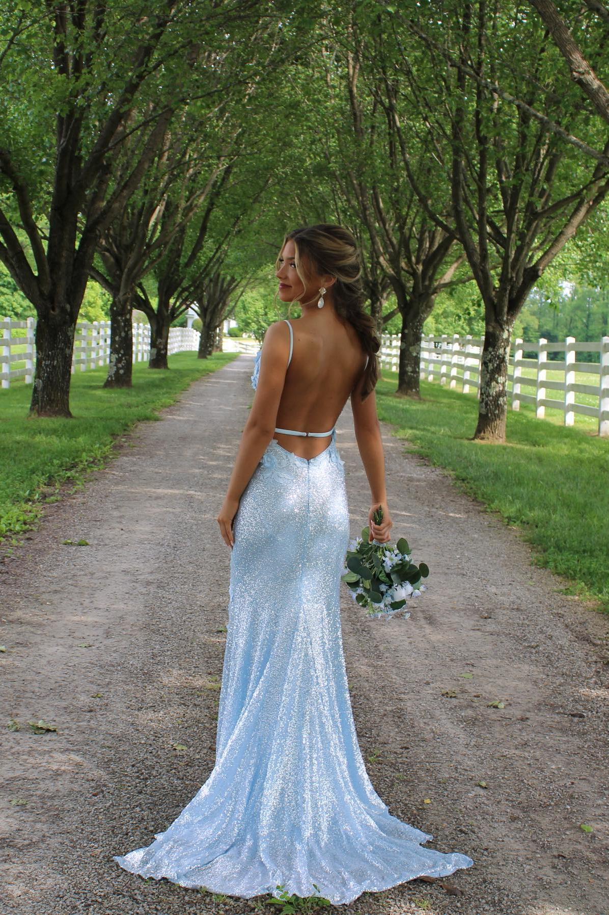 Deep V-Neck Spaghetti Straps Party D-Flowers Applique Sequined Mermaid Prom Dress