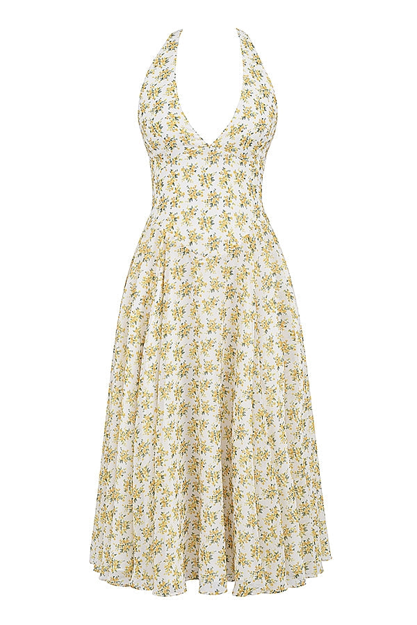 Ditsy Floral Halter Neck Plunge Fit and Flare Midi Dress 12