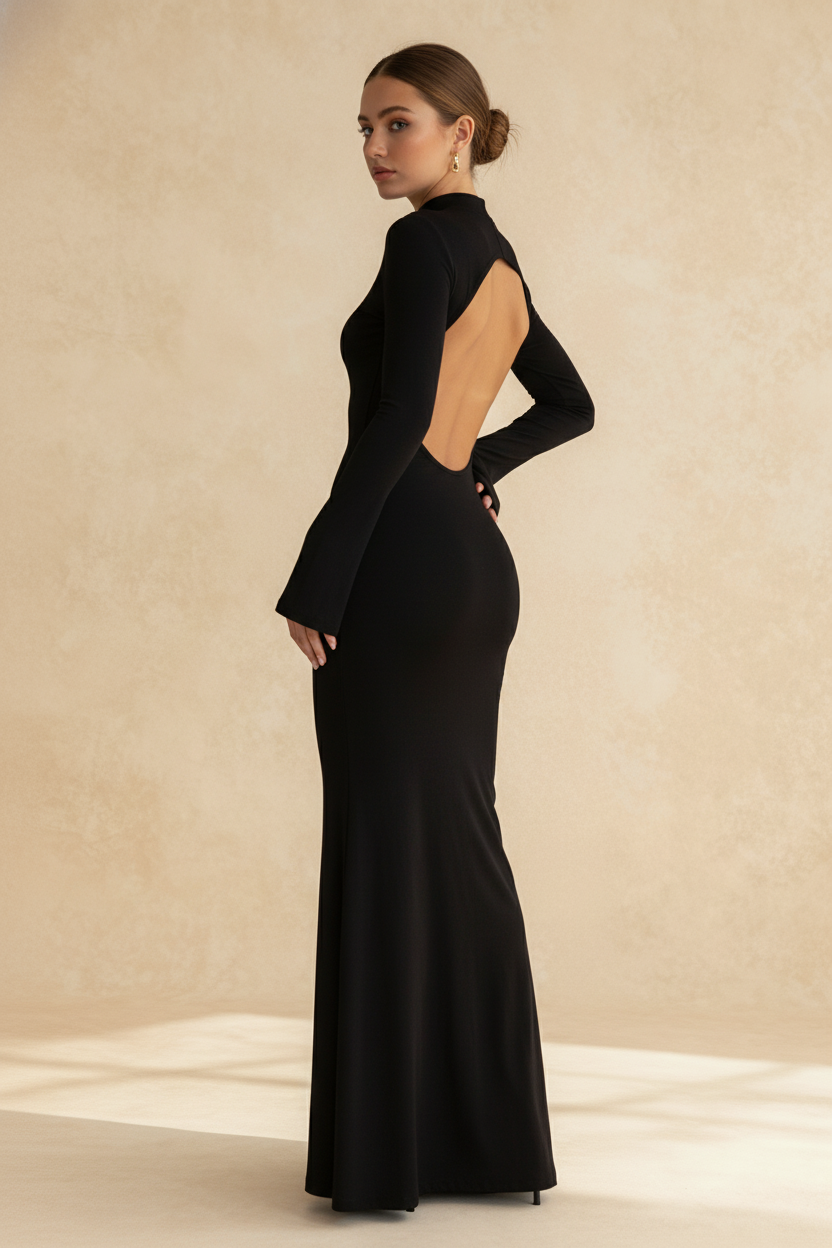 Mock Neck Long Sleeve Open Back Bodycon Maxi Dress