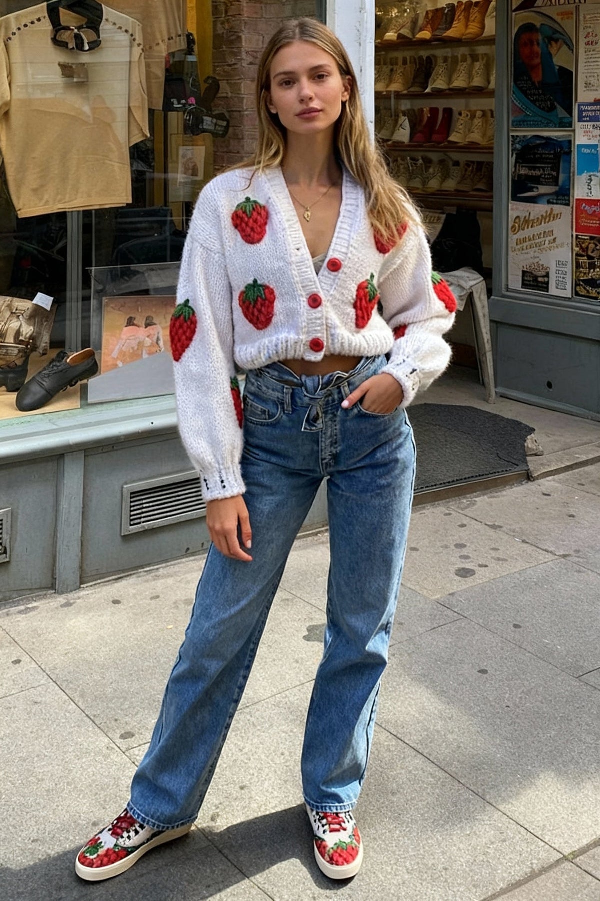 V-Neck Button Front Strawberry Applique Chunky Knit Cropped Cardigan