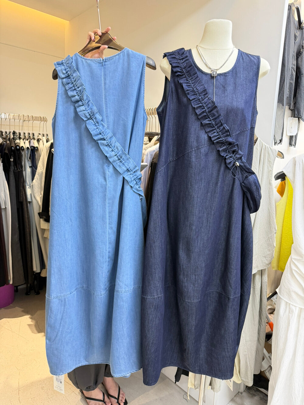 Denim Sleeveless Ruffle Trim A-Line Maxi Dress