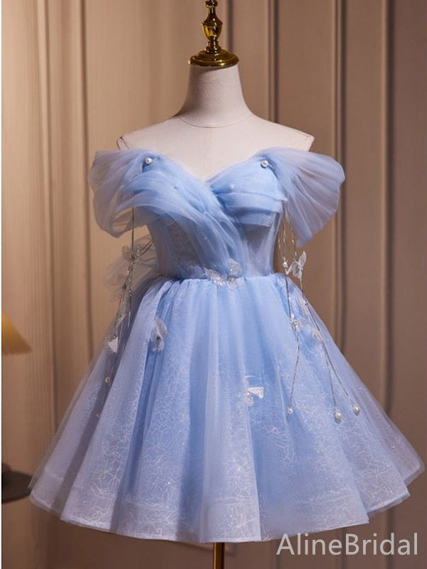 Elegant Pale Blue V-neck Off-Shoulder A-line Short Mini Homecoming Dress, HD32701