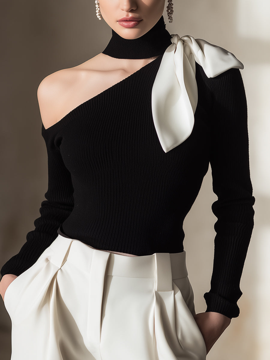 One Shoulder Cut Out Choker Neck Bow Long Sleeve Knit Top