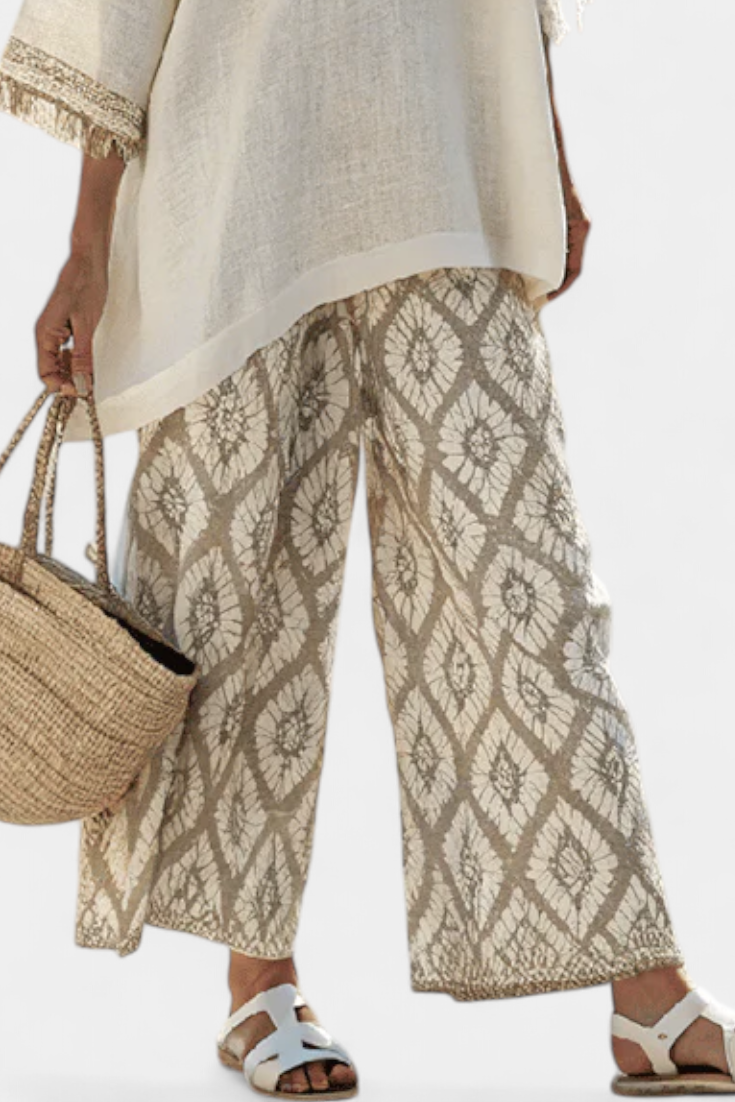 Tassel Trim Round Neck Top and Geometric Print Wide Leg Pants Two Piece Set