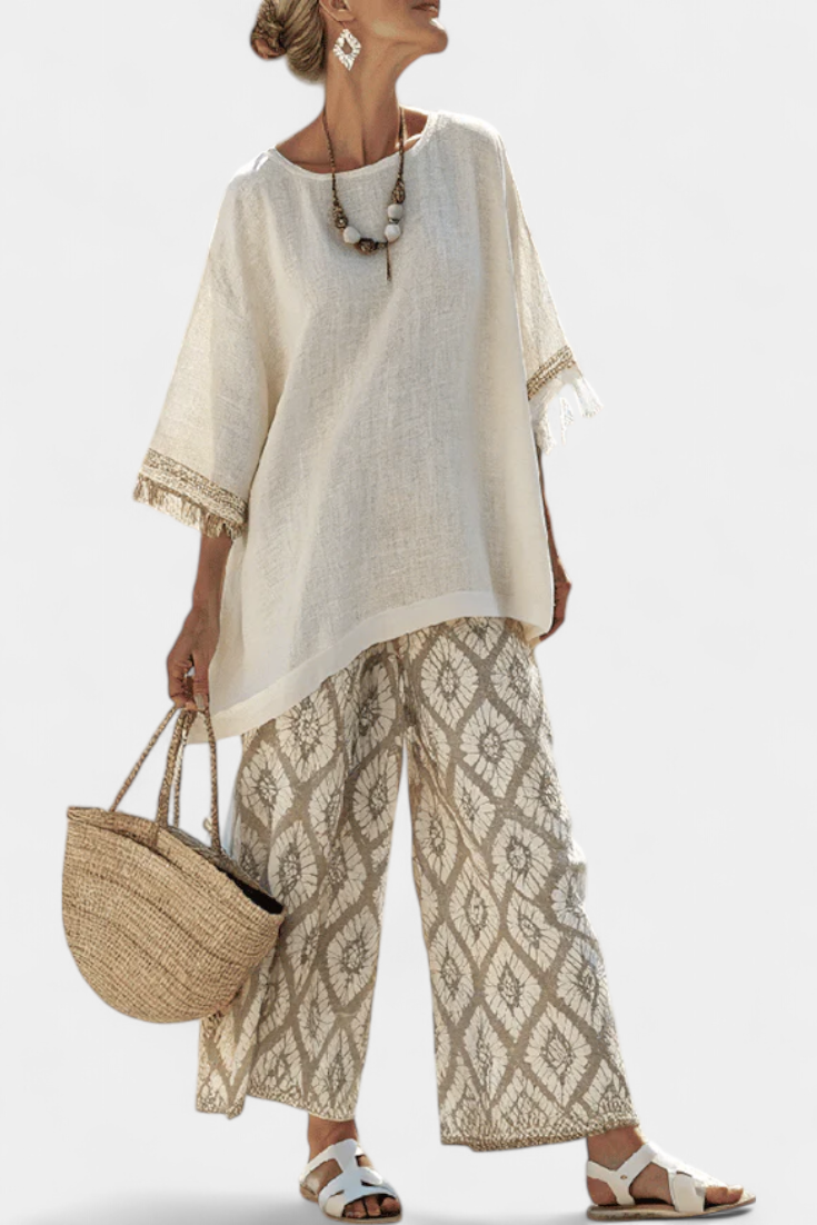 Tassel Trim Round Neck Top and Geometric Print Wide Leg Pants Two Piece Set